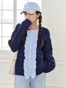 DAZY Ruffle Trim Drop Shoulder Sweater,Fall Clothes - Navy Blue - View 1