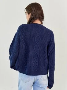 DAZY Ruffle Trim Drop Shoulder Sweater,Fall Clothes - Navy Blue - View 2