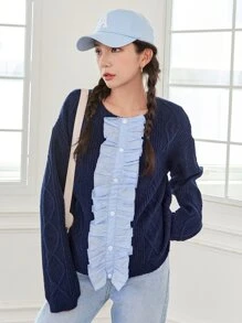 DAZY Ruffle Trim Drop Shoulder Sweater,Fall Clothes - Navy Blue - View 4