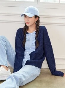 DAZY Ruffle Trim Drop Shoulder Sweater,Fall Clothes - Navy Blue - View 5