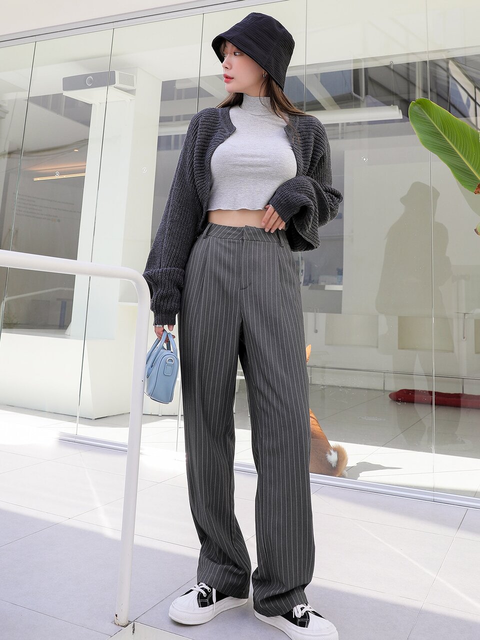 Pinstriped Print Plicated Front Tailored Pants
