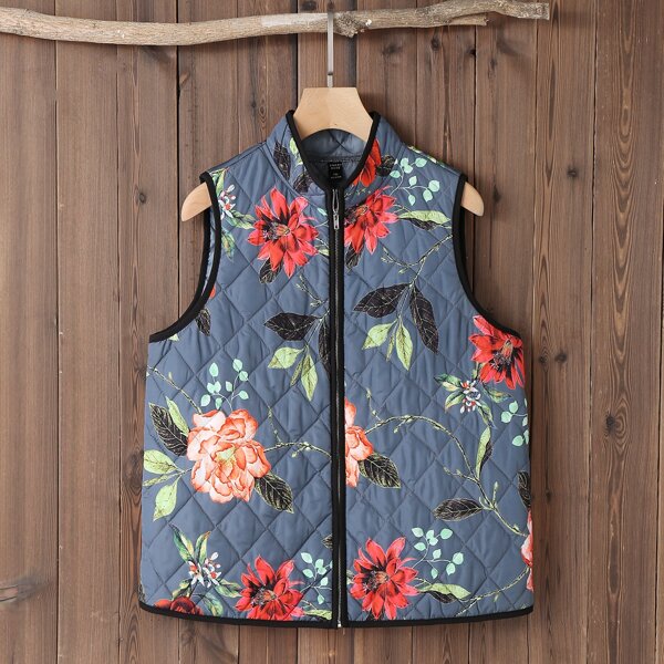 

Plus Floral Quilted Vest Winter Coat, Multicolor