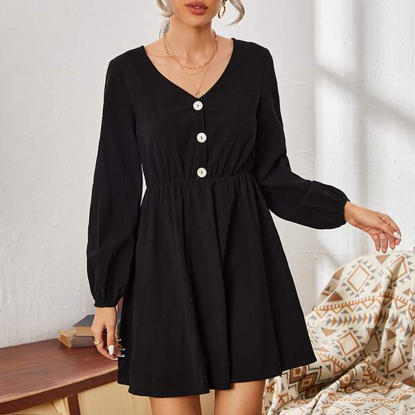 

Single Breasted Lantern Sleeve Dress, Black