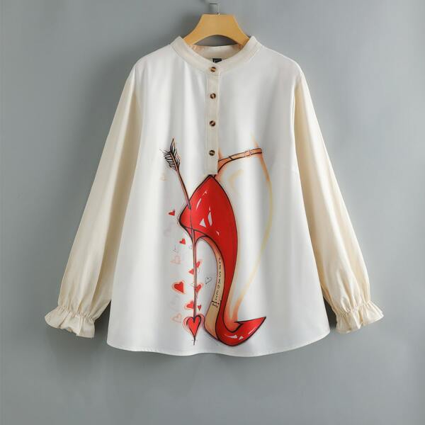 

Plus High Heel Print Flounce Sleeve Blouse, Beige