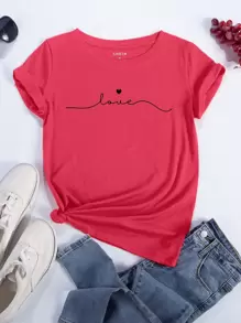 SHEIN LUNE 字母和心形印花 T 恤 图案 T 恤 女士上衣 - 西瓜粉 - 查看 1