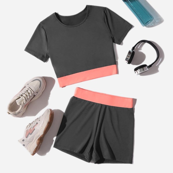 

Quick-Drying Colorblock Tee and Sports Biker Shorts Set, Dark grey