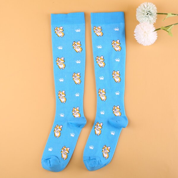 

Dog Print Over The Calf Socks, Baby blue