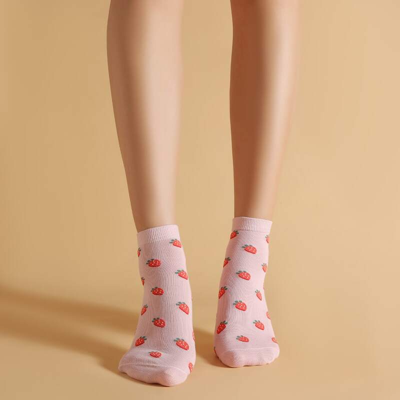 

Strawberry Print Crew Socks, Pink
