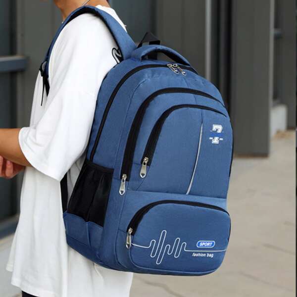 

Men Letter Graphic Functional Backpack, Blue