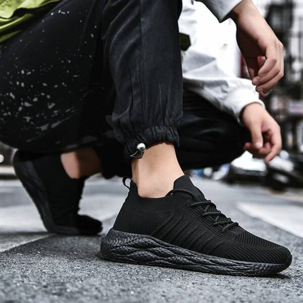 

Men Knit Detail Lace-up Front Running Shoes, Black