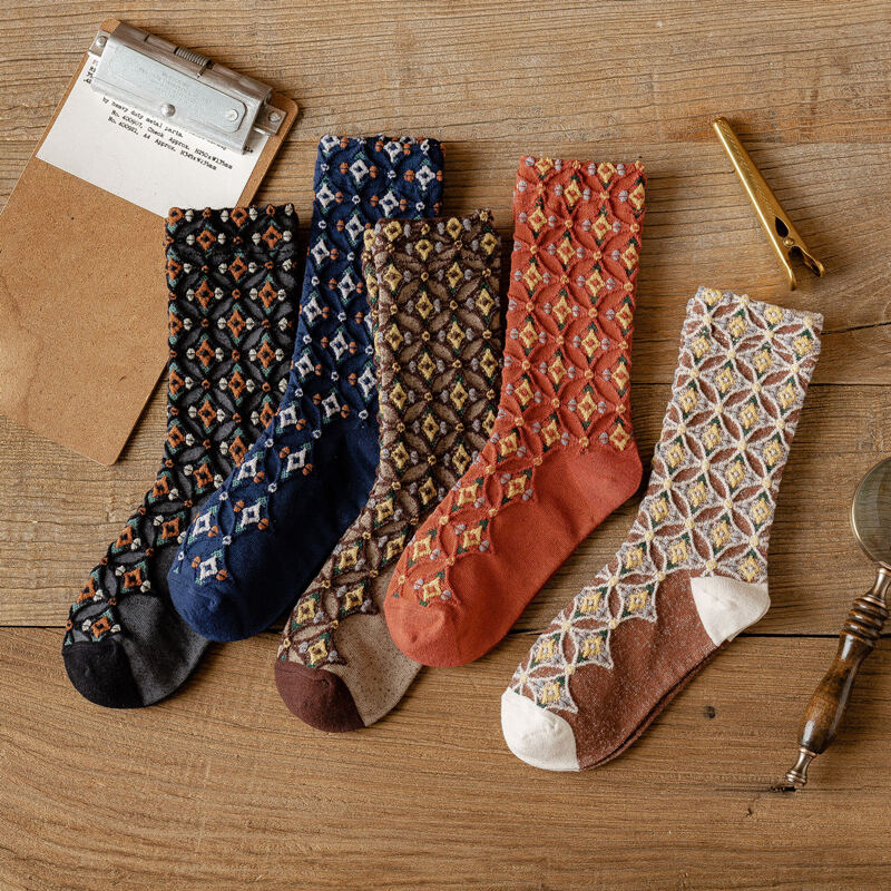 

5pairs Geometric Pattern Crew Socks, Multicolor