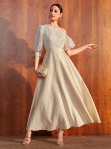 SHEIN Belle Contrast Lace Asymmetrical Neck Puff Sleeve Prom Dress - Apricot - View 1