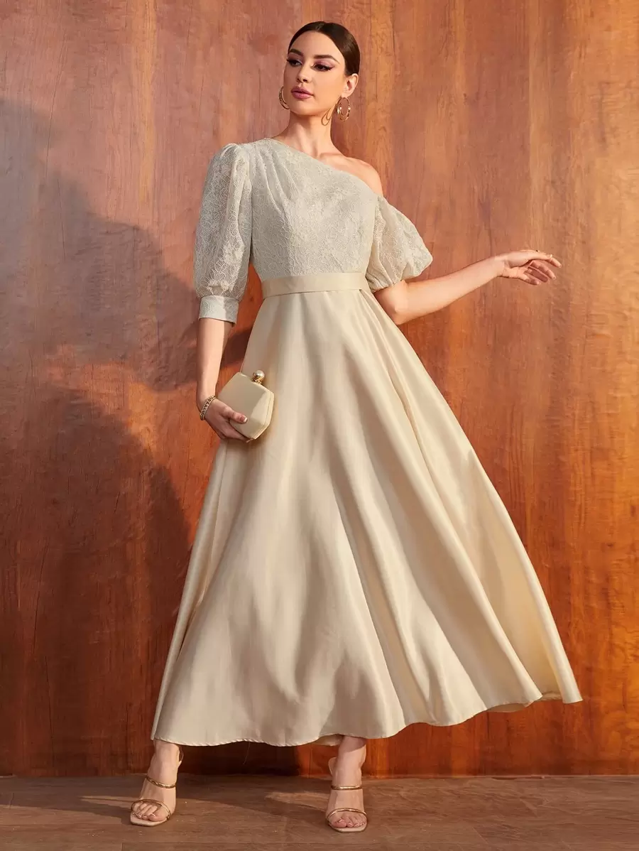 SHEIN Belle Contrast Lace Asymmetrical Neck Puff Sleeve Prom Dress - Apricot - View 1