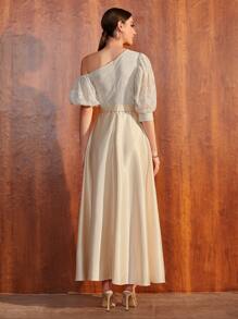 SHEIN Belle Contrast Lace Asymmetrical Neck Puff Sleeve Prom Dress - Apricot - View 2