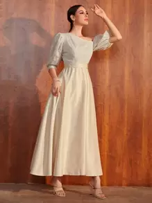 SHEIN Belle Contrast Lace Asymmetrical Neck Puff Sleeve Prom Dress - Apricot - View 3