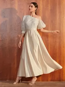 SHEIN Belle Contrast Lace Asymmetrical Neck Puff Sleeve Prom Dress - Apricot - View 4