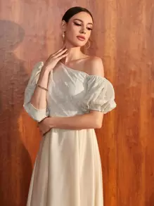 SHEIN Belle Contrast Lace Asymmetrical Neck Puff Sleeve Prom Dress - Apricot - View 5