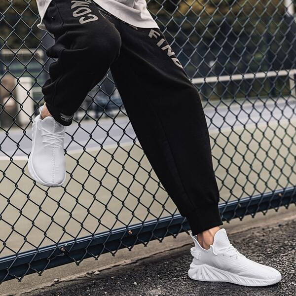 

Men Lace Up Decor Mesh Sneakers, White