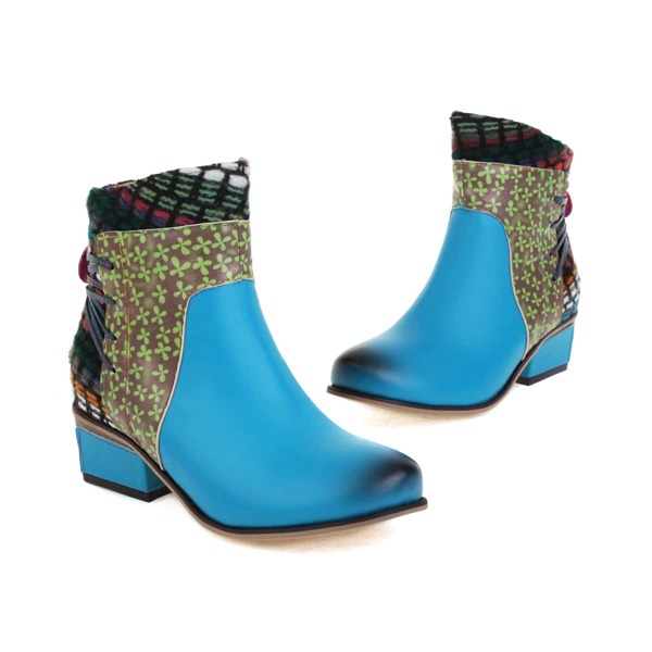 

Colorblock Lace-up Back Chunky Heeled Boots, Blue