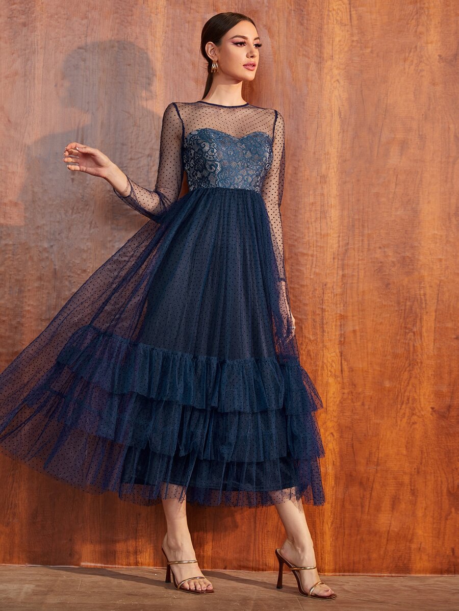 SHEIN Contrast Lace Ruffle Trim Dot Mesh Prom Dress - Navy Blue - View 1