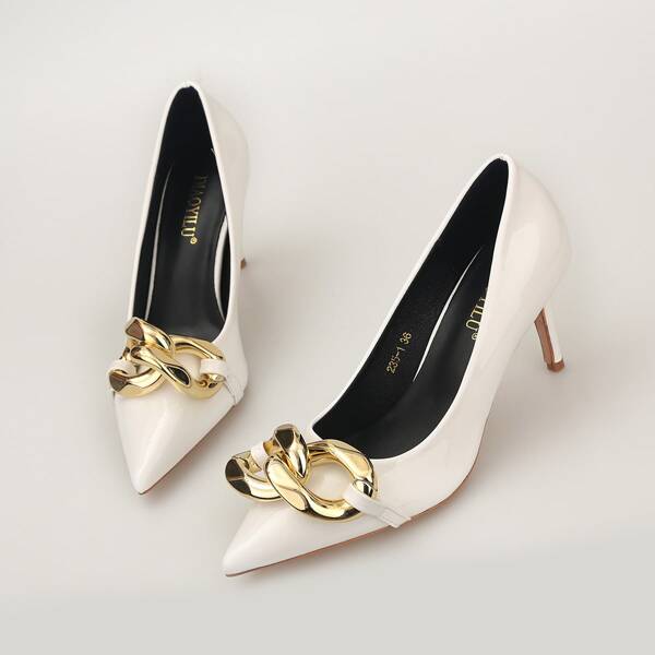 

Chain Decor Point Toe Court Pumps, White