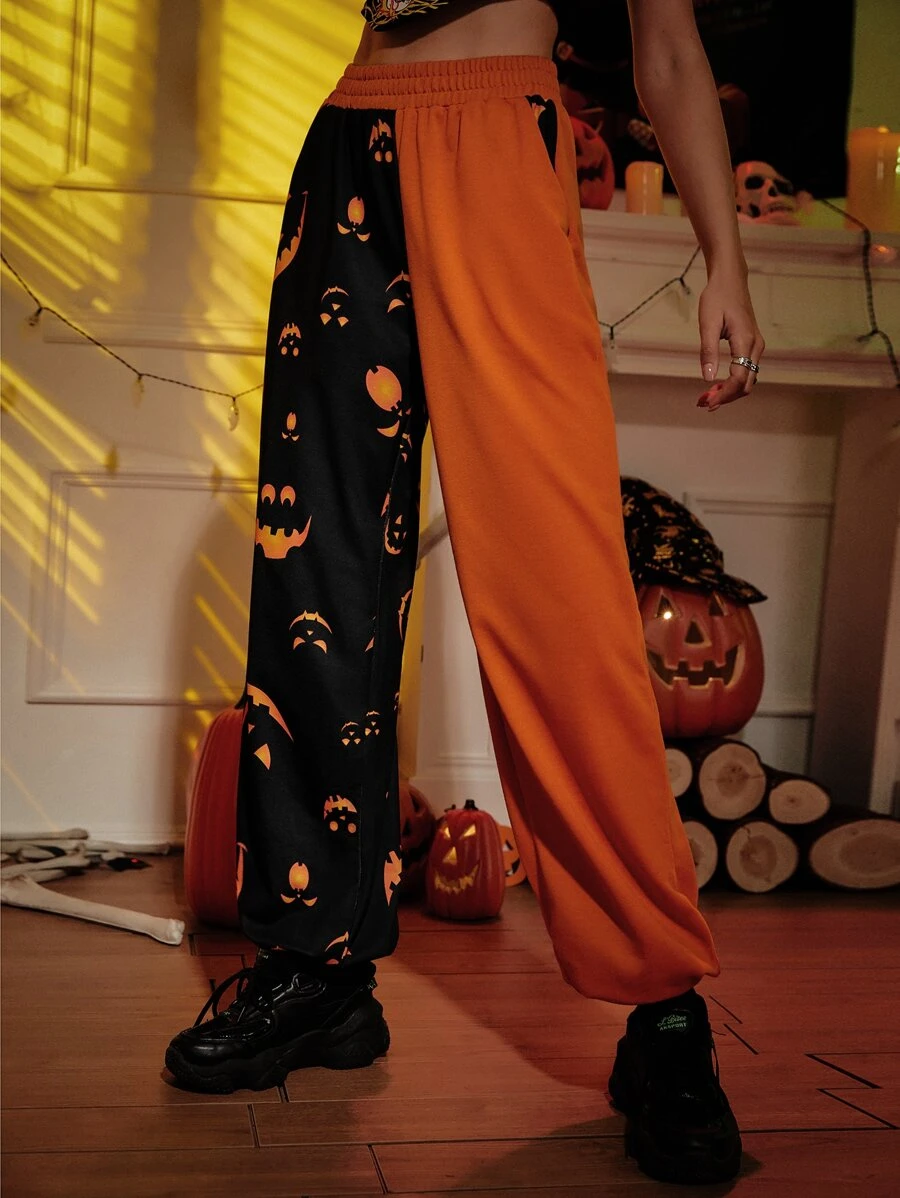 Colour Block And Halloween Print Slant Pocket Joggers - Orange - View 1