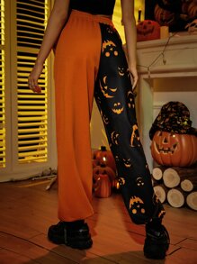 Colour Block And Halloween Print Slant Pocket Joggers - Orange - View 2