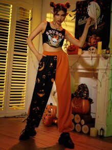 Colour Block And Halloween Print Slant Pocket Joggers - Orange - View 3