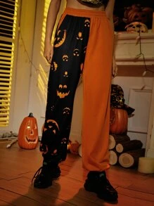 Colour Block And Halloween Print Slant Pocket Joggers - Orange - View 5