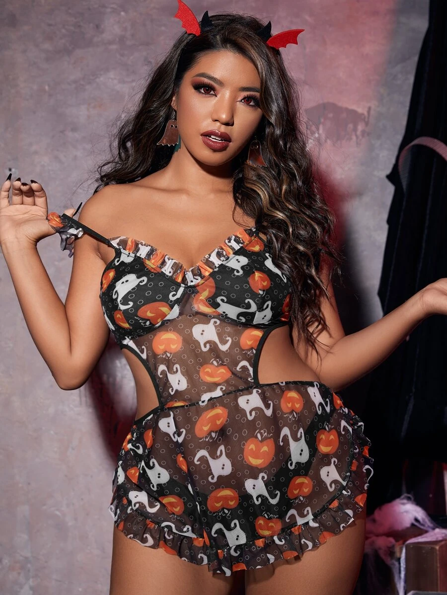 Plus Halloween Print Mesh Frill Trim Teddy Bodysuit - Multicolor - View 1