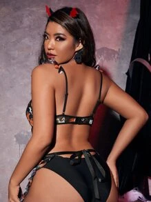 Plus Halloween Print Mesh Frill Trim Teddy Bodysuit - Multicolor - View 2