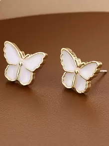 Butterfly Design Stud Earrings - White - View 4