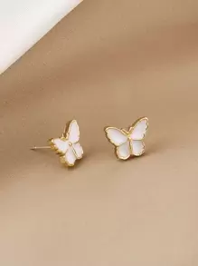 Butterfly Design Stud Earrings - White - View 2