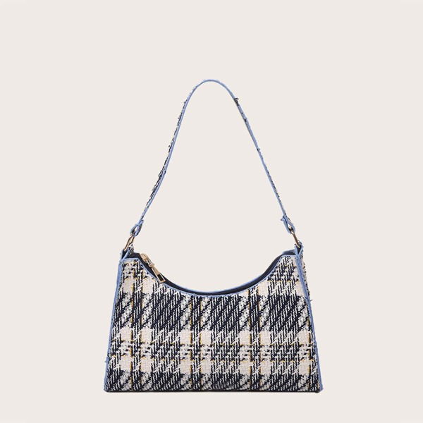 

Girls Plaid Pattern Baguette Bag, Black and white
