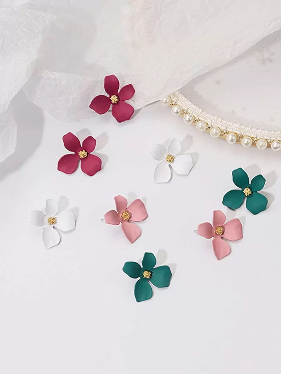 4對花朵設計耳釘 - 彩色 - 查看 1