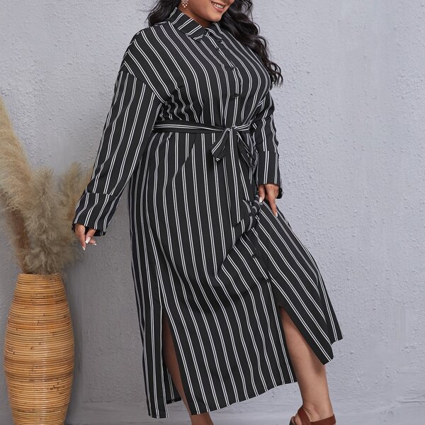 

Plus Striped Print Button Front Belted Dress, Black