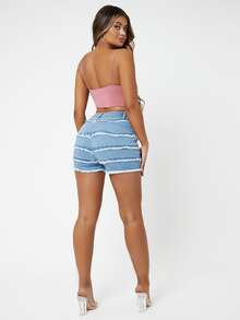 SHEIN SXY 毛邊輕度水洗藍牛仔短褲 - 淺色水洗藍 - 查看 5