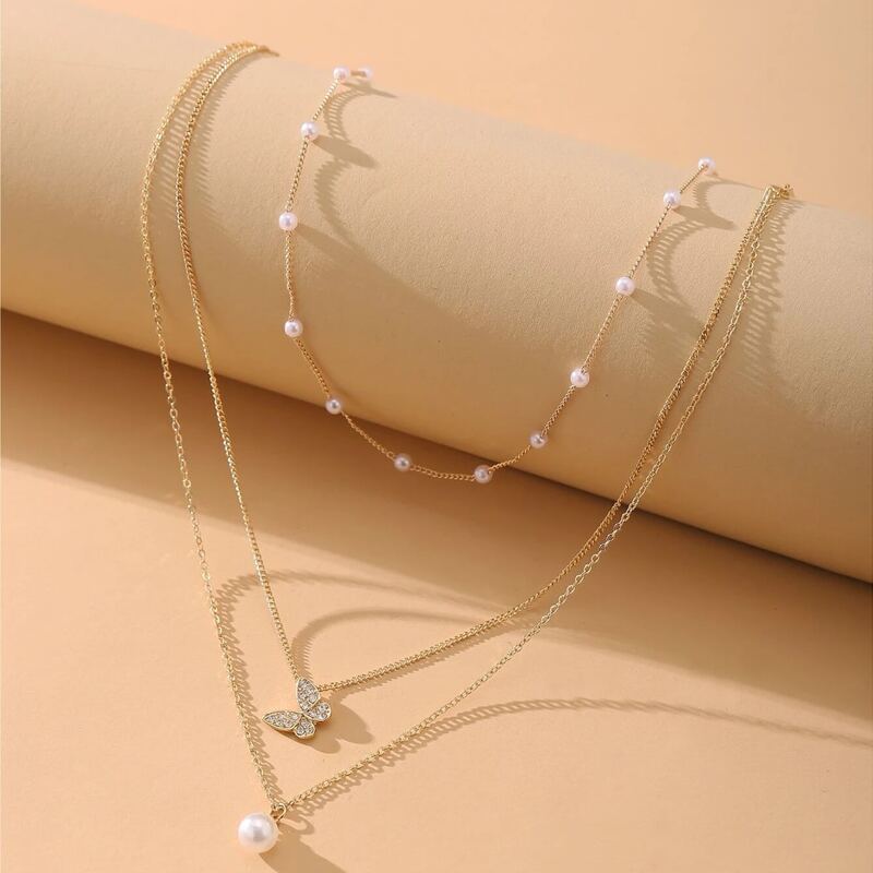 

3pcs Faux Pearl Decor Chain Necklace, Gold