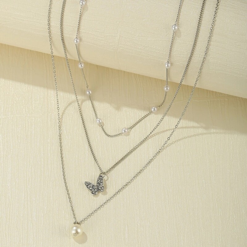 

3pcs Faux Pearl Decor Chain Necklace, Silver