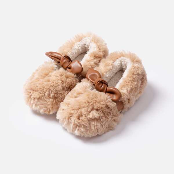 

Toddler Girls Bow Decor Fluffy Flats, Khaki
