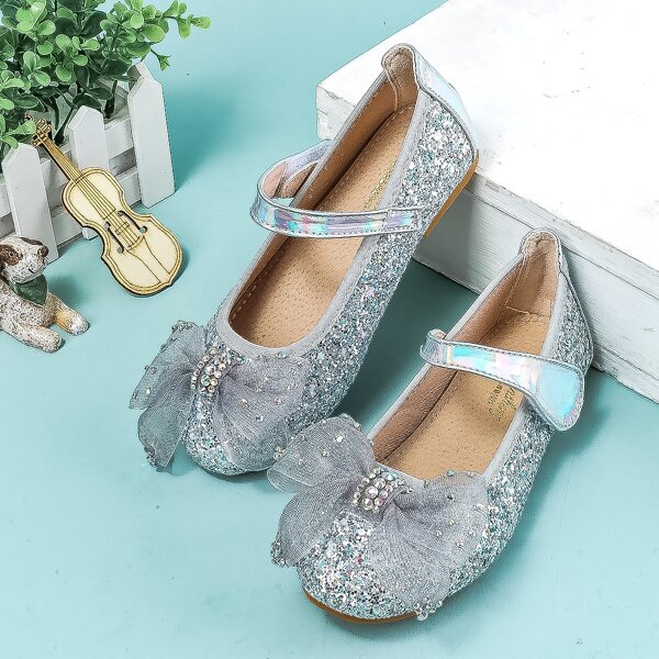 

Toddler Girls Glitter Bow Decor Velcro Strap Flats, Silver