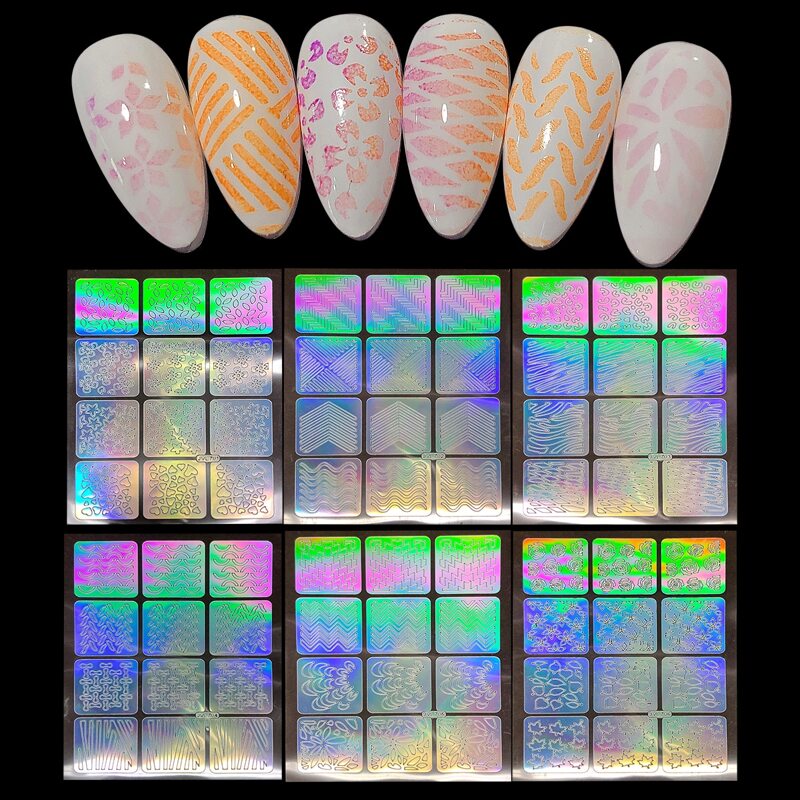 

6sheets Mix Pattern Laser Nail Art Sticker, Multicolor