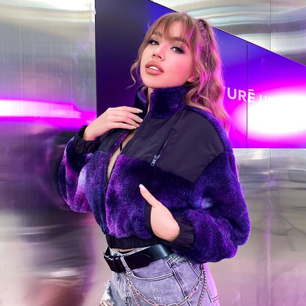 

Tie Dye Drop Shoulder Zip Up Fuzzy Coat, Violet purple