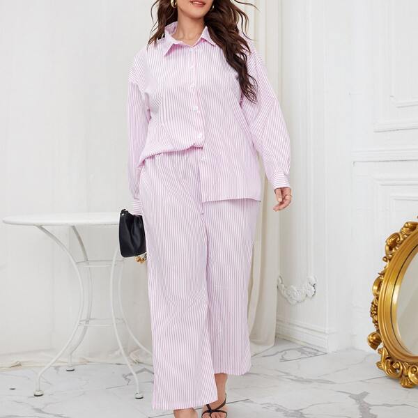 

Plus Pinstriped Drop Shoulder Blouse & Pants, Pink