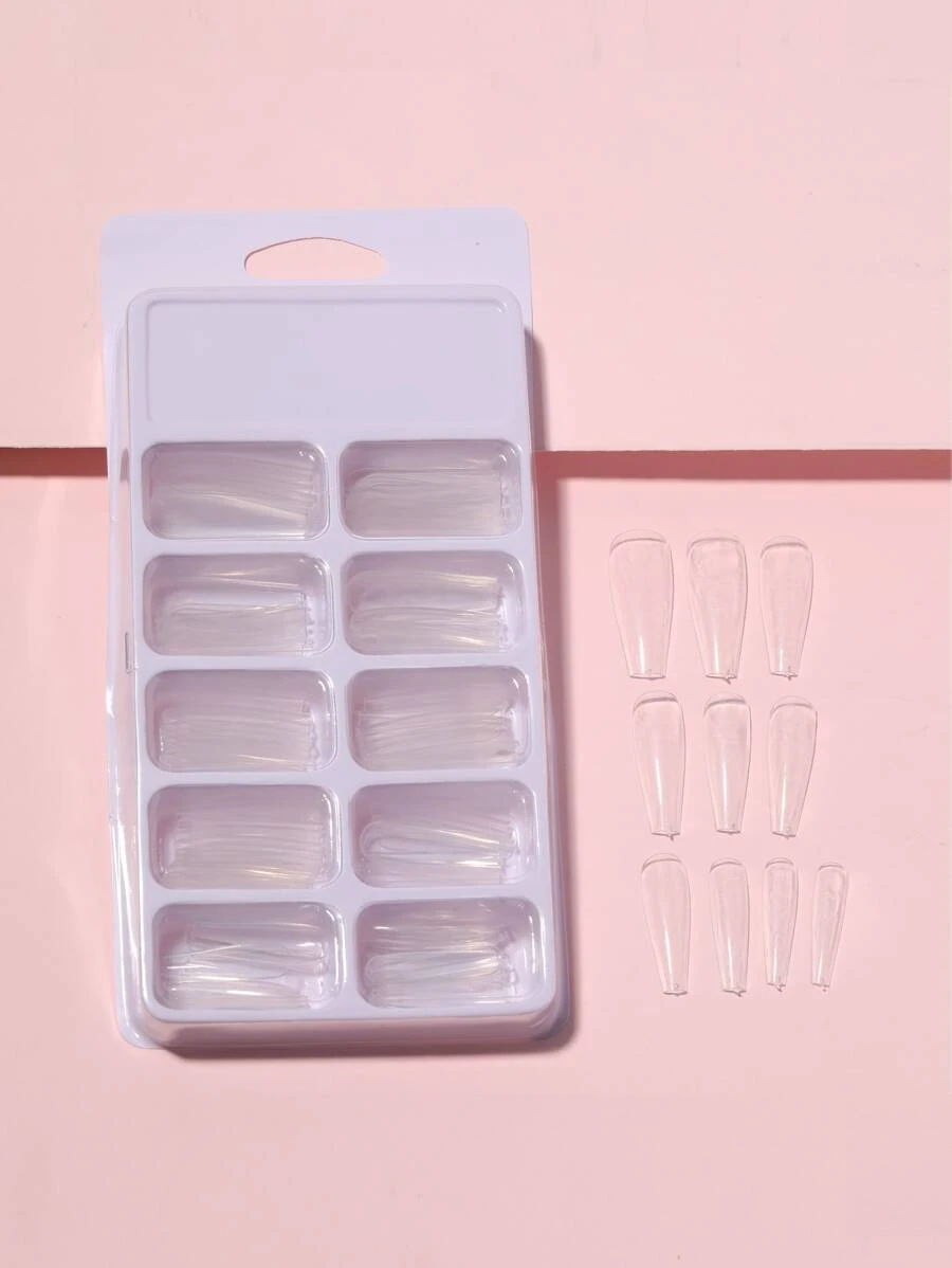 Mejora tu apariencia con 100 piezas de uñas postizas transparentes de ataúd largo para el hogar, bricolaje, salón de uñas, extensión de uñas - transparente - Ver 1