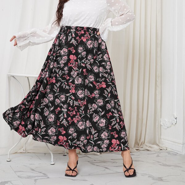 

Plus High Waist Floral Print Skirt, Multicolor