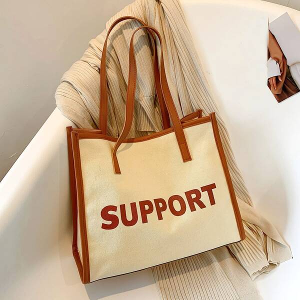

Letter Graphic Trim Shoulder Tote Bag, Beige