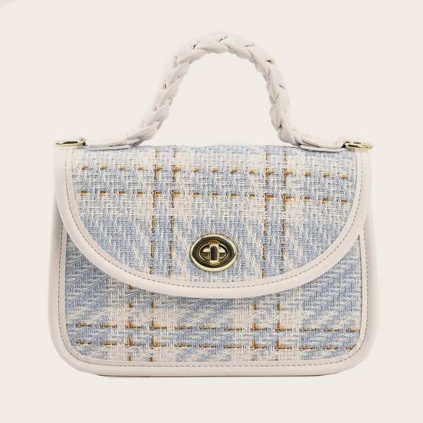

Plaid Pattern Twist Lock Satchel Bag, Multicolor