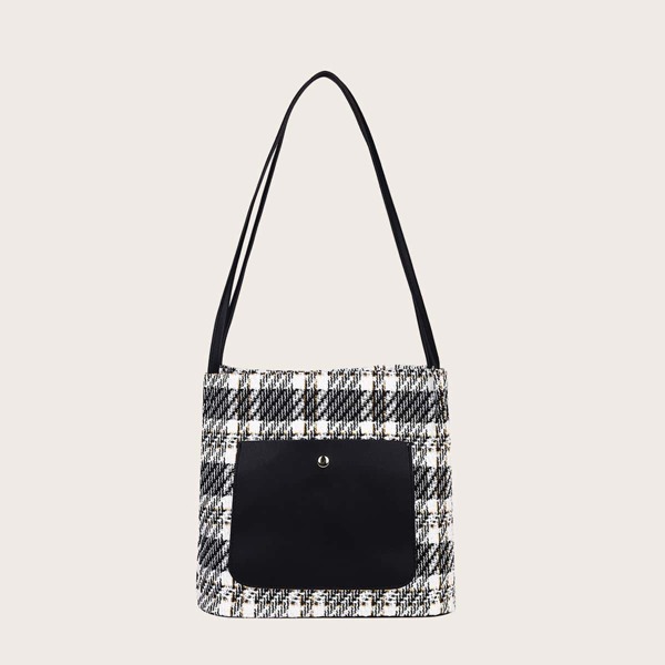 

Plaid Tartan Pattern Shoulder Tote Bag, Black and white