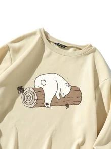 SHEIN Unity Women's Cartoon Animal Print Crew Neck Long Sleeve Casual Fleece Sweatshirt, Autumn/Winter - Apricot - View 4